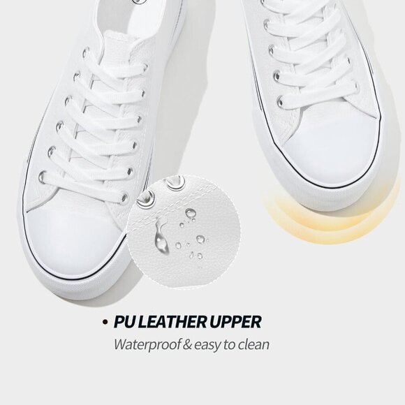 Women's White PU Leather Platform Sneakers Casual Low Top Shoes Rubber Sole - Picture 4 of 6